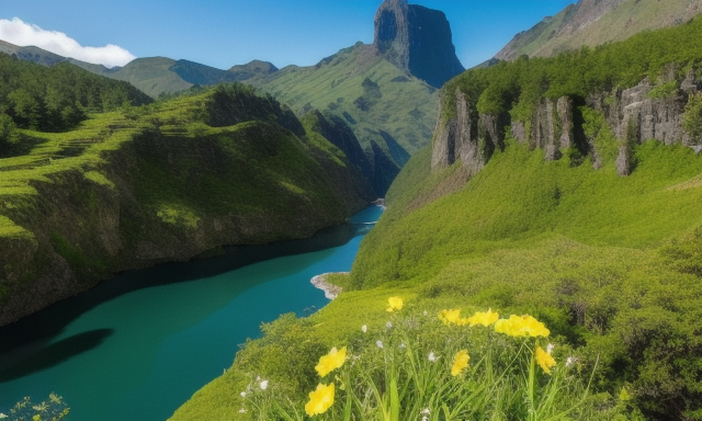 Majestic mountains tower over a sprawling, verdant valley. A crystal-clear river winds its way through the landscape, cascading over rocks and boulders as it flows towards a distant, azure sea. Wildflowers dot the rolling hills, and a single, graceful tree stands tall on a grassy knoll, its leaves rustling softly in the gentle breeze. The sky is a deep, rich blue, with fluffy white clouds drifting lazily overhead. The whole scene is bathed in the warm, golden light of the setting sun, casting long, surreal shadows across the landscape. It is a truly breathtaking and awe-inspiring sight.