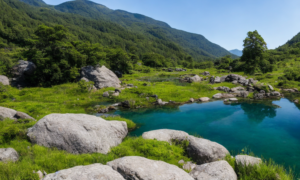 Majestic mountains tower over a sprawling, verdant valley. A crystal-clear river winds its way through the landscape, cascading over rocks and boulders as it flows towards a distant, azure sea. Wildflowers dot the rolling hills, and a single, graceful tree stands tall on a grassy knoll, its leaves rustling softly in the gentle breeze. The sky is a deep, rich blue, with fluffy white clouds drifting lazily overhead. The whole scene is bathed in the warm, golden light of the setting sun, casting long, surreal shadows across the landscape. It is a truly breathtaking and awe-inspiring sight.