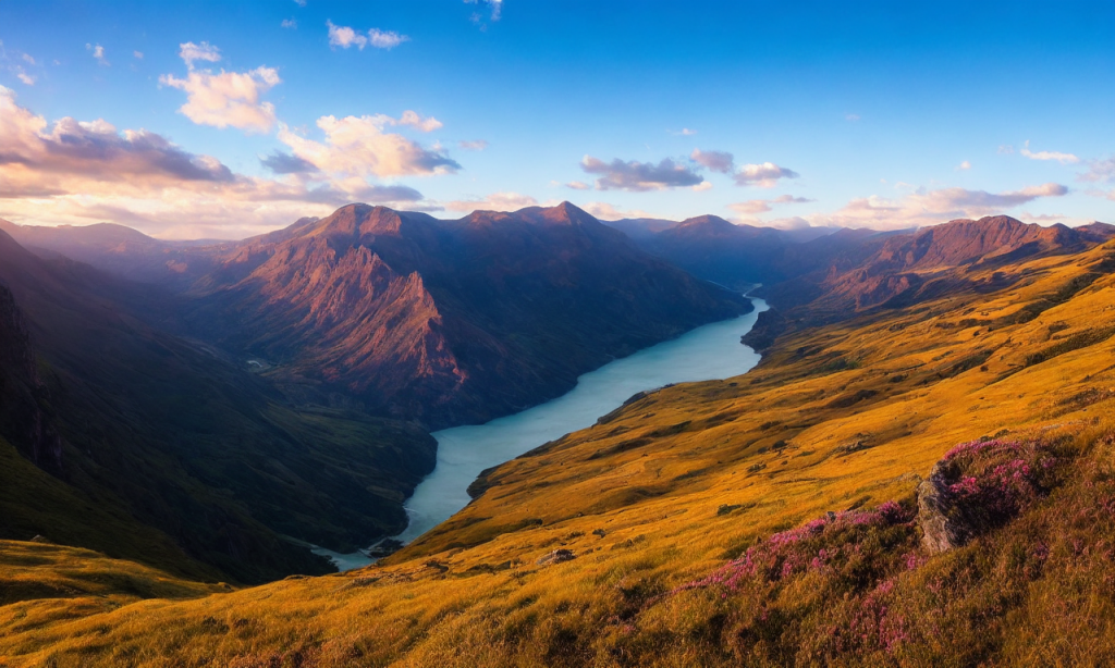 Mountains, cliffs, sky, clouds, sun, trees, grass, river, rocks, waterfalls, wildlife, flowers, colors, beauty, serenity, majesty, vastness, depth, perspective, realism, skill, talent, artistry, wonder, amazement, awe, admiration.