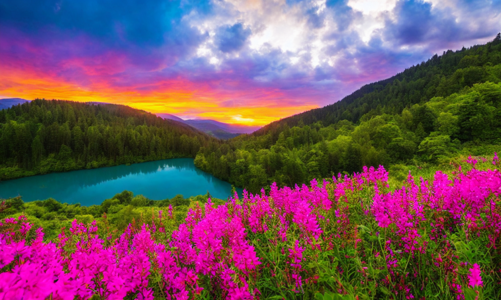 Vibrant, colorful sky stretches above rolling hills and tranquil lake. Majestic mountains tower in the distance. Lush, verdant forests and fields dotted with wildflowers. Sun shining, birds singing. Tranquil scene captured with stunning detail and precision.