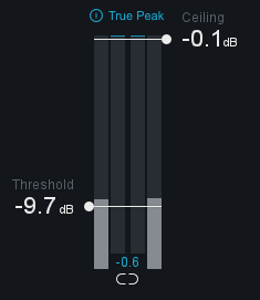Compressor controller showing the compressor Ceiling set to -0.1dB and a Threshold of -9.7dB. True Peak limiting is enabled.